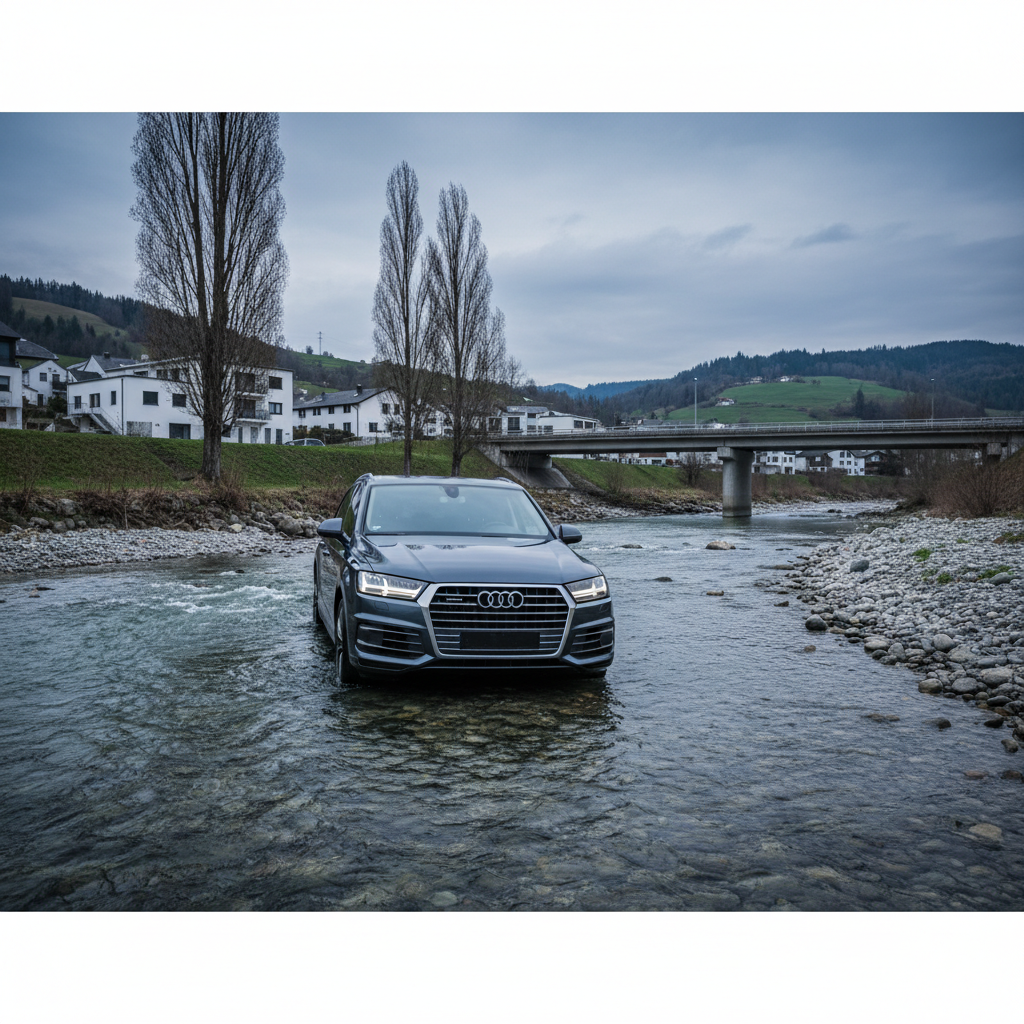 Audi wpadła do rzeki w Lubatówce - cztery osoby trafiły do szpitala